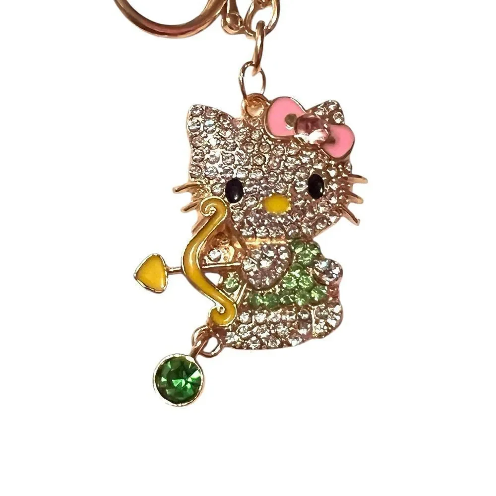 Cute Cupid Hello Kitty Green And Clear Crystal Yellow Bow Keychain